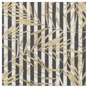 Black white stripes faux gold tropical leaves fabric