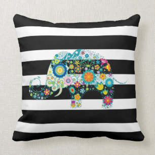 Black & White Stripes & Floral Elephant Cushion