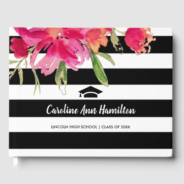 Black & White Stripes Floral Graduation Guest Book (Front)