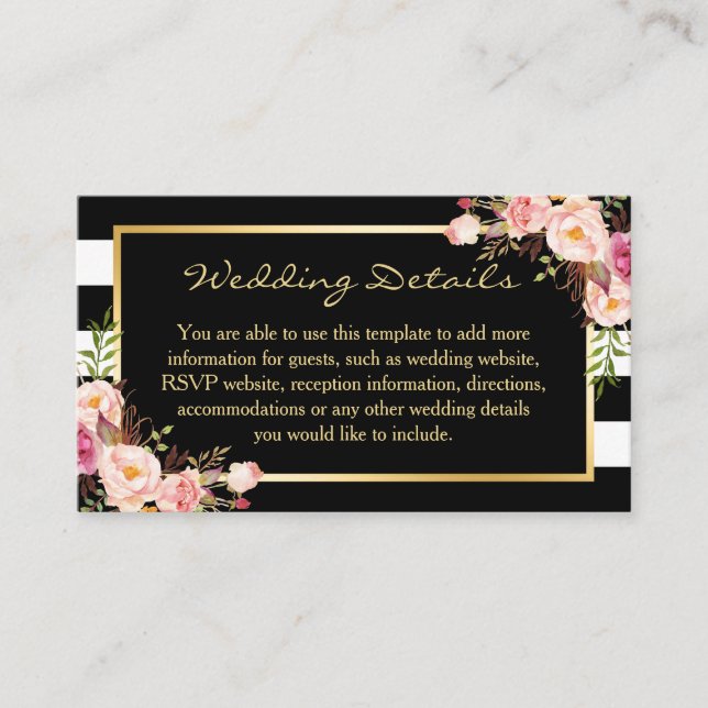 Black White Stripes Floral Wedding Insert Card (Front)
