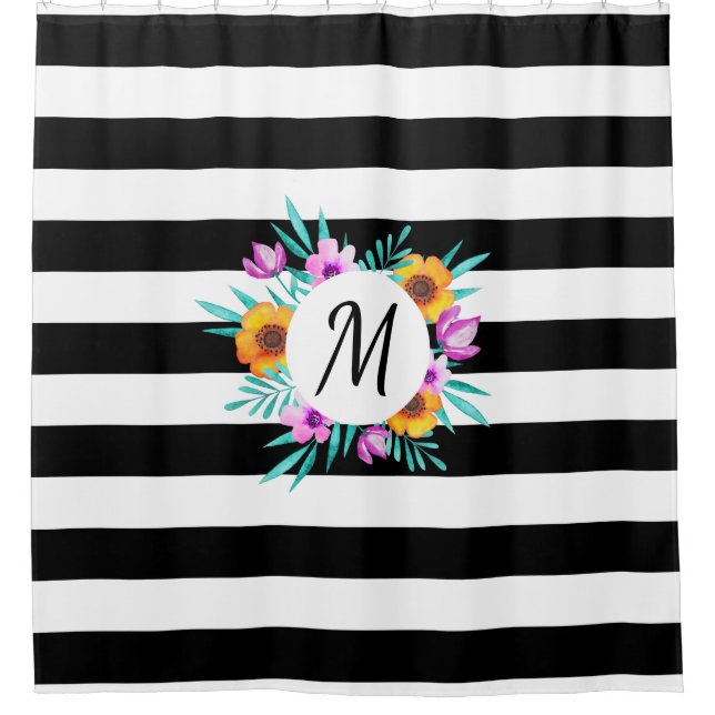 Black & White Stripes Flowers Custom Monogram Shower Curtain (Front)