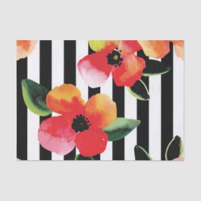 Black White Stripes Flowers Pattern Print Design Tissue Paper (Front)