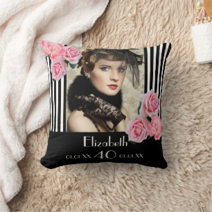 Black white stripes flowers photo 40th birthday cushion