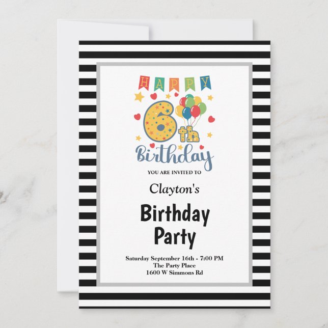 Black/White Stripes Framed 6th Birthday Party Invitation (Front)