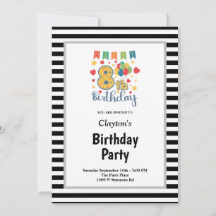 Black/White Stripes Framed 8th Birthday Party Invitation