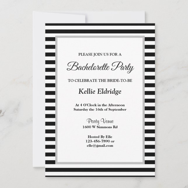 Black/White Stripes Framed Bachelorette Party Invitation (Front)