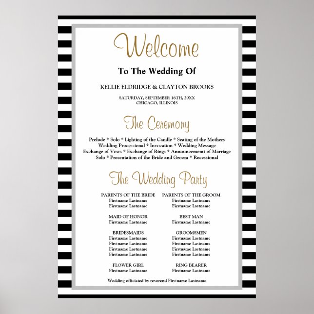 Black/White Stripes Framed Wedding Program Poster (Front)