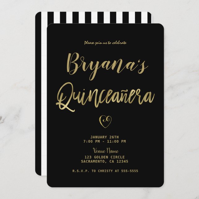 Black & White Stripes Gold Chic 15 Quinceañera  Invitation (Front/Back)