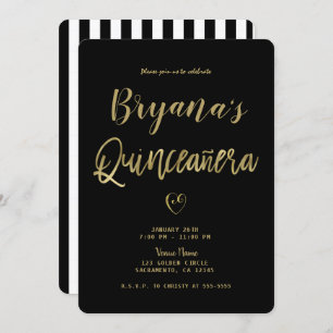 Black & White Stripes Gold Chic 15 Quinceañera  Invitation