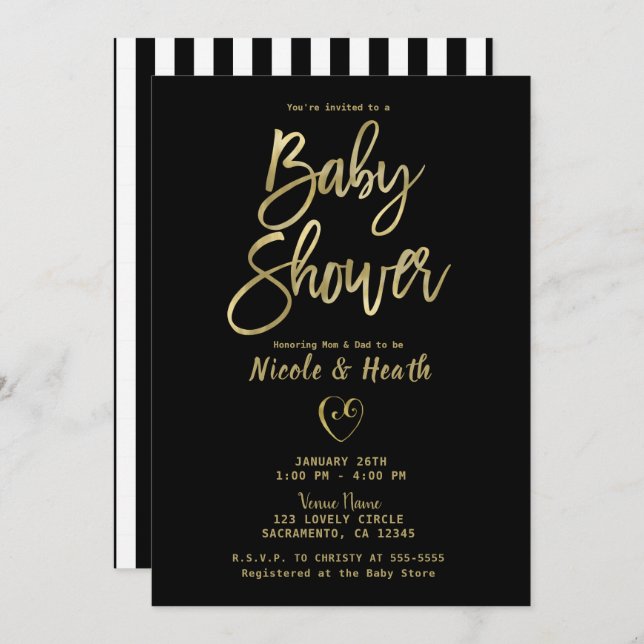 Black White Stripes Gold Chic Baby Shower  Invitation (Front/Back)