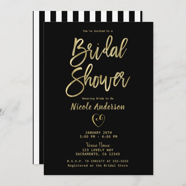 Black White Stripes Gold Chic Bridal Shower  Invit Invitation (Front/Back)