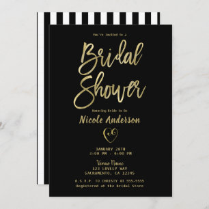 Black White Stripes Gold Chic Bridal Shower  Invit Invitation