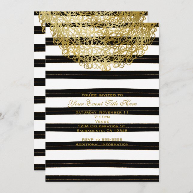Black & White Stripes & Gold Circle Invitations (Front/Back)