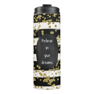 Black White Stripes Gold Confetti Thermal Tumbler
