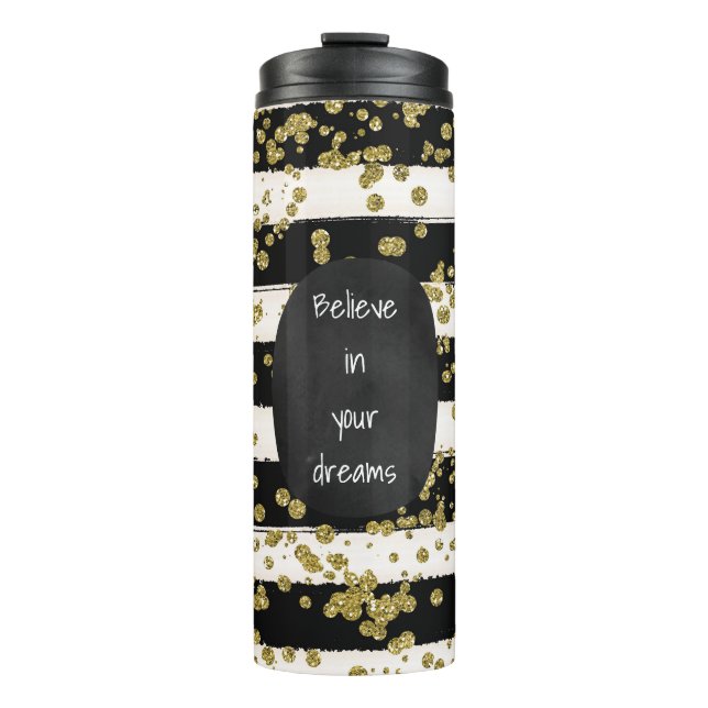 Black White Stripes Gold Confetti Thermal Tumbler (Front)