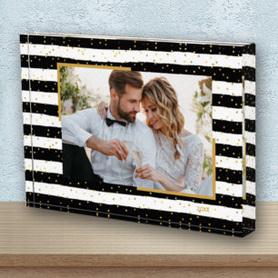 Black White Stripes Gold Dots Custom Photo Block
