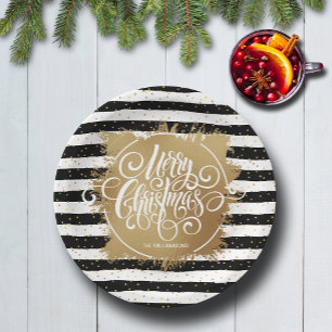 Black White Stripes Gold Faux Foil Christmas Paper Plate