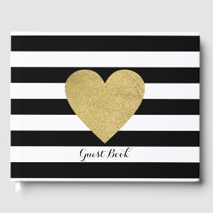 Black & White Stripes Gold Foil Heart Guest Book