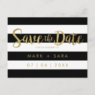 Black & White Stripes Gold Foil Save the Date Announcement Postcard