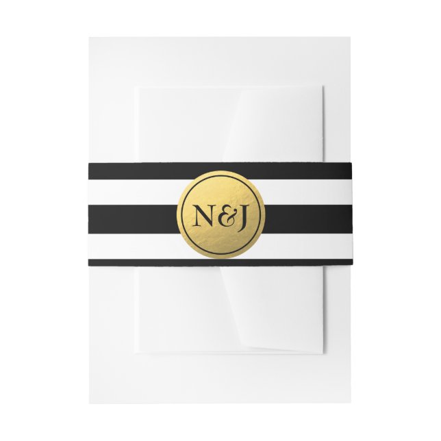 Black & White Stripes Gold Foil Wedding Elegant Invitation Belly Band (Front Example)