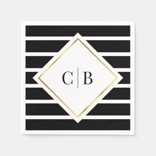 Black White Stripes Gold Frame Monogram Wedding Napkin (Front)