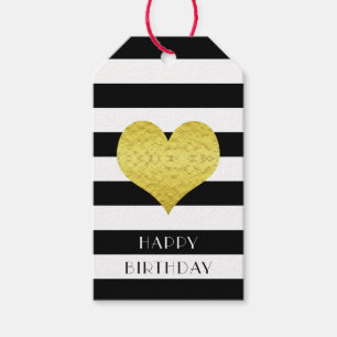 Black White Stripes Gold Heart Happy Birthday Gift Tags