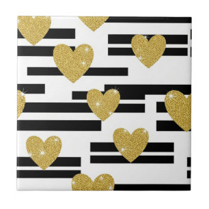 Black White Stripes Gold Hearts Pattern Ceramic Tile