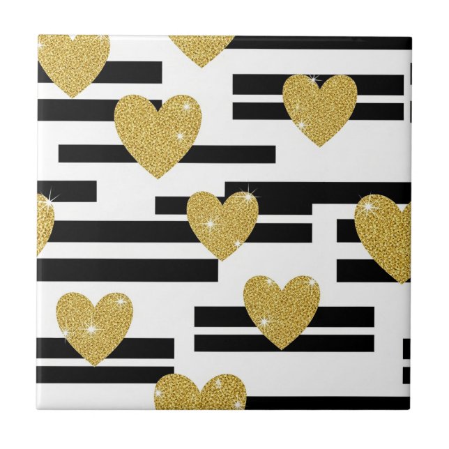 Black White Stripes Gold Hearts Pattern Ceramic Tile (Front)