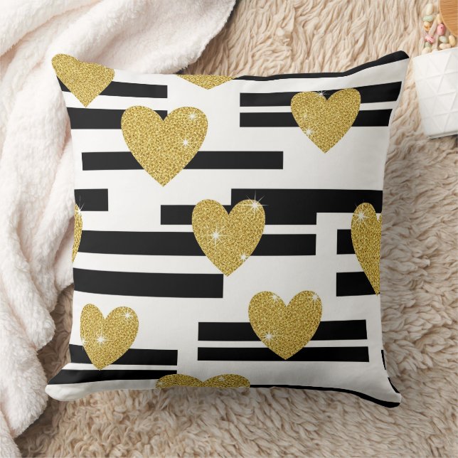 Black White Stripes Gold Hearts Pattern Cushion (Blanket)