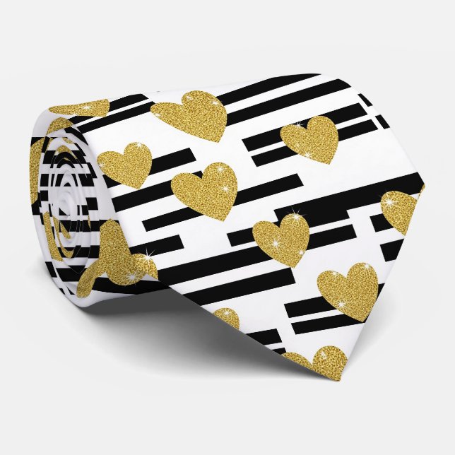 Black White Stripes Gold Hearts Pattern Tie (Rolled)