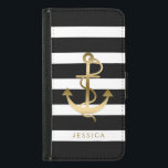 Black & White Stripes Gold Nautical Boat Anchor 2 Samsung Galaxy S5 Wallet Case<br><div class="desc">White and black stripes pattern with gold tones nautical boat anchor illustration. Customisable monogram. Adjustable anchor size.</div>