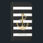 Black & White Stripes Gold Nautical Boat Anchor 2 Samsung Galaxy S5 Wallet Case<br><div class="desc">White and black stripes pattern with gold tones nautical boat anchor illustration. Customisable monogram. Adjustable anchor size.</div>