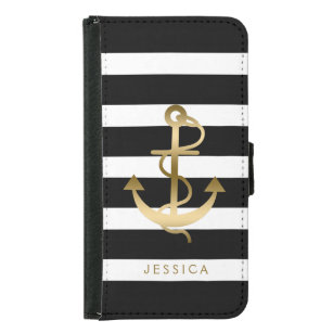 Black & White Stripes Gold Nautical Boat Anchor 2 Samsung Galaxy S5 Wallet Case