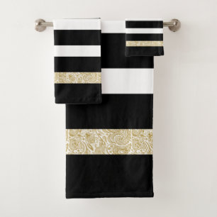 Black & white stripes gold paisly Accent Bath Towel Set