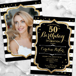 Black White Stripes Gold Photo 50th Birthday Invitation<br><div class="desc">Elegant 50th birthday invitation with your photo at the back of the card. Glam black white design with faux glitter gold. Features black and white stripes, script font and confetti. Perfect for a stylish adult bday celebration party. Personalise with your own details. Can be customised for any age! Printed Zazzle...</div>