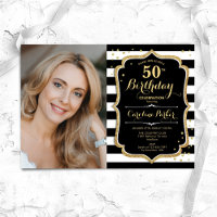 Black White Stripes Gold Photo 50th Birthday