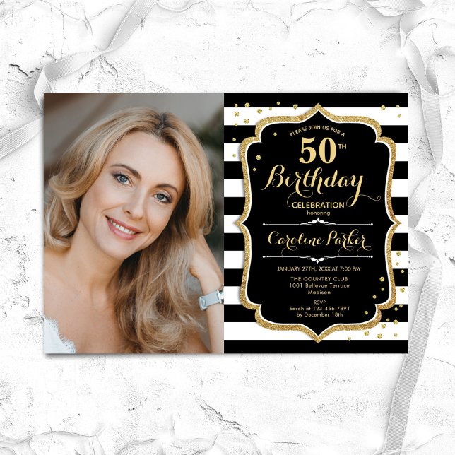 Black White Stripes Gold Photo 50th Birthday Invitation (Creator Uploaded)