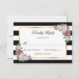 Black White Stripes Gold Pink Blush Floral Wedding RSVP Card