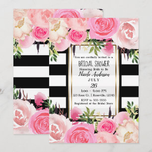 Black White Stripes Gold Pink Floral Bridal Shower Invitation