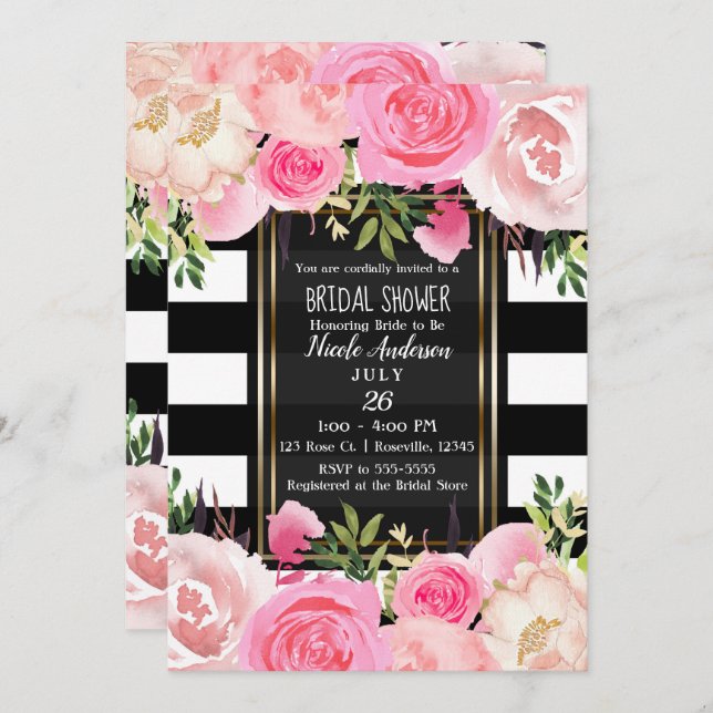 Black White Stripes Gold Pink Floral Bridal Shower Invitation (Front/Back)