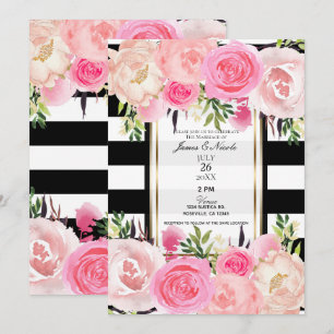 Black White Stripes Gold Pink Floral Wedding Invitation