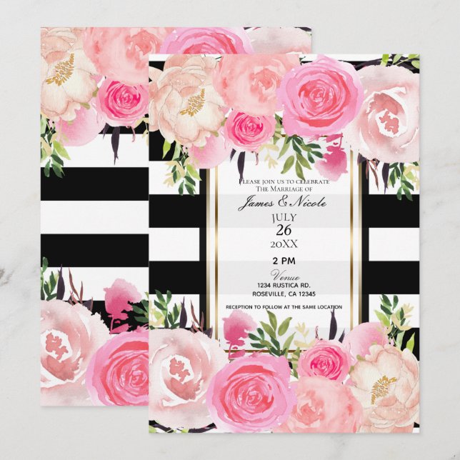 Black White Stripes Gold Pink Floral Wedding Invitation (Front/Back)