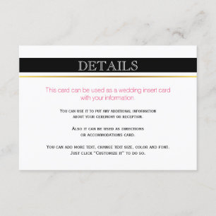 Black white stripes gold, pink wedding insert card