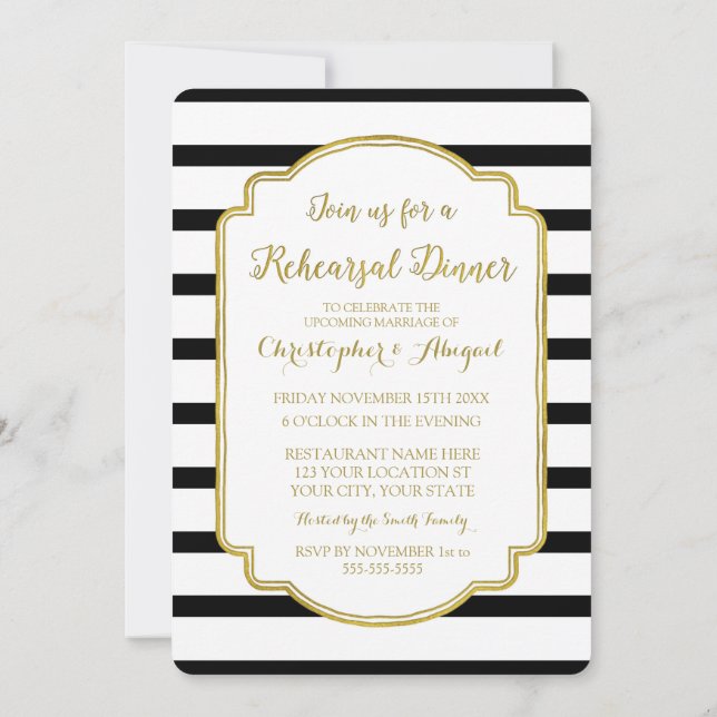 Black White Stripes Gold Rehearsal Dinner Party Invitation (Back)