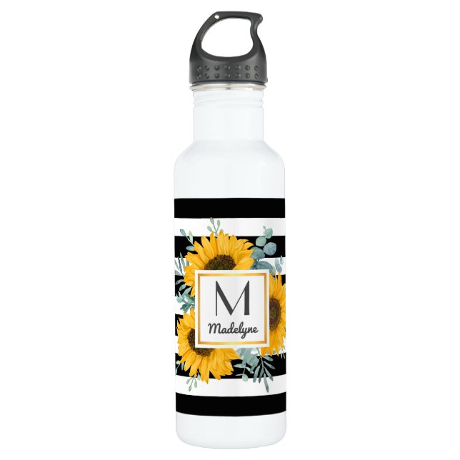 Black White Stripes Gold Sunflower Personalised 710 Ml Water Bottle (Front)
