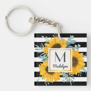 Black White Stripes Gold Sunflower Personalized Key Ring