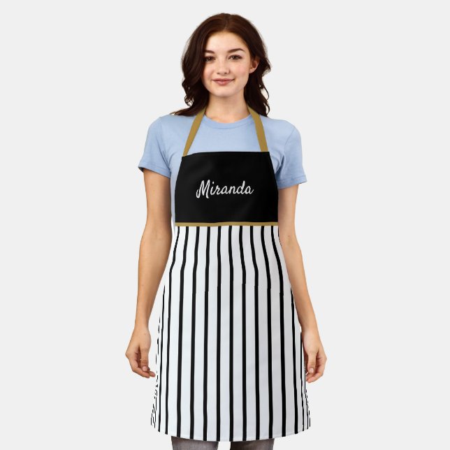 Black & White Stripes Gold Trim Personalised Apron (Worn)