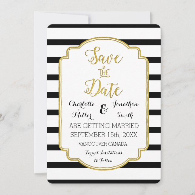 Black White Stripes Gold Wedding Save the Date (Front)