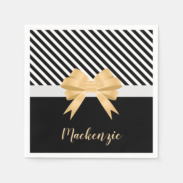 Black White Stripes Goldem Bow Napkin (Front)