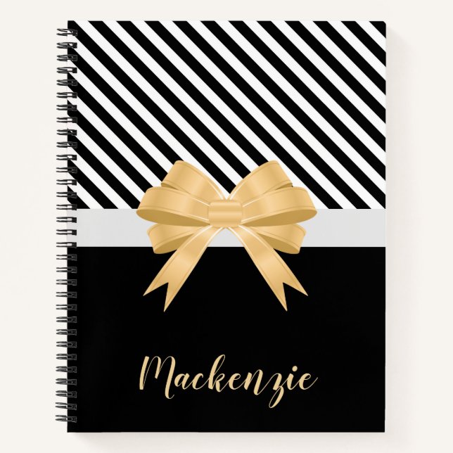 Black White Stripes Goldem Bow Notebook (Front)